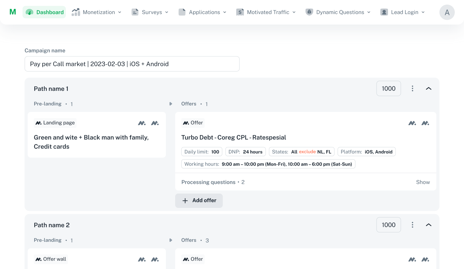 MoneyFor campaign builder with acquisition paths and offer settings