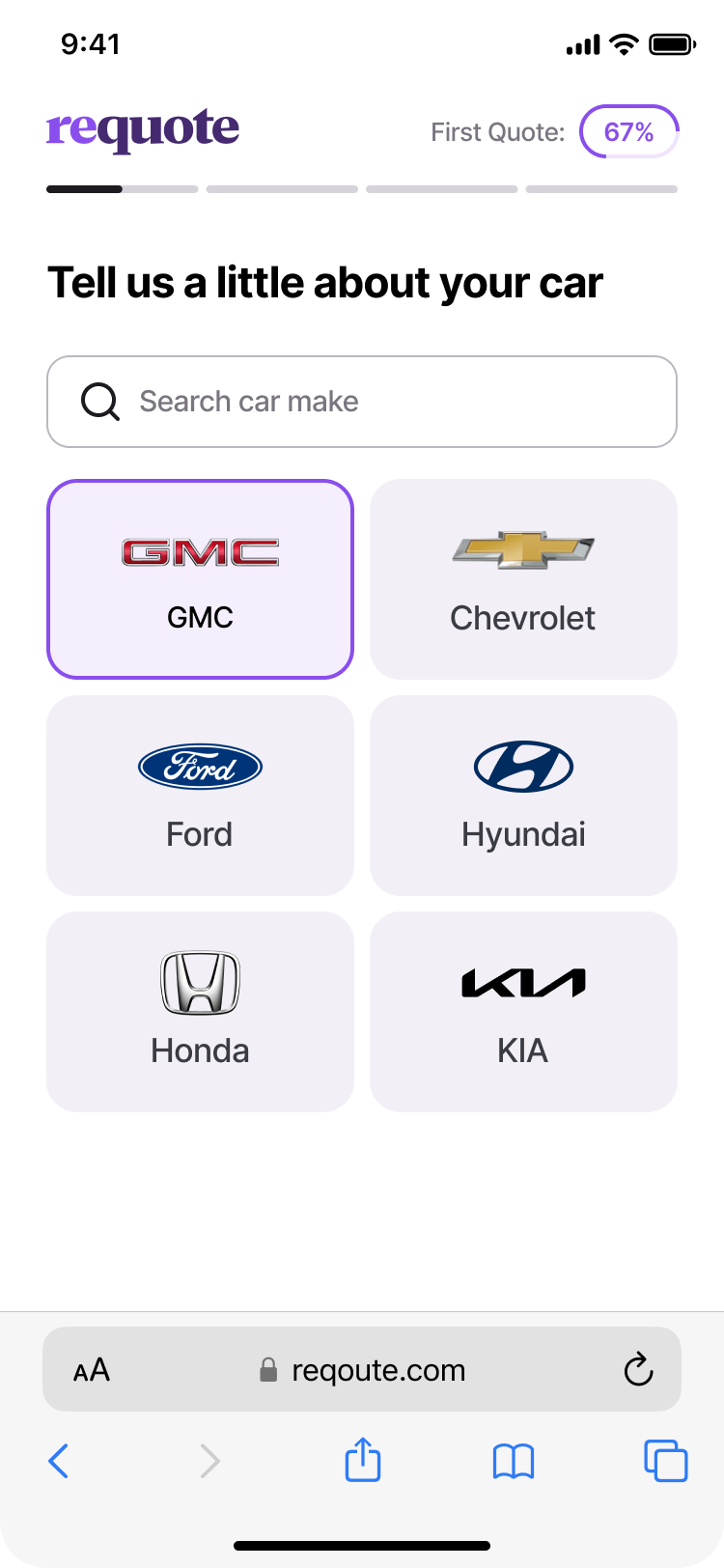Vehicle selection in Requote with progress towards the first quote in the header